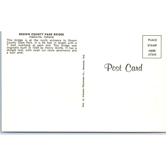 Brown County Park Bridge Nashville IN Vintage Covered Bridge Postcard PC13 - Picture 2 of 2